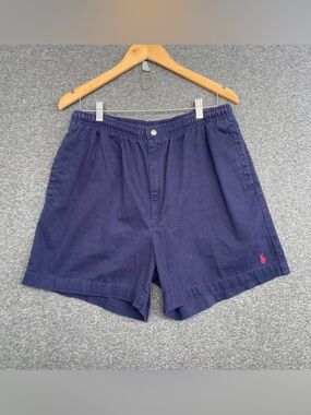 Vintage 90s Polo Ralph Lauren Elastic Waist Shorts Men XL Navy Blue Red Pony